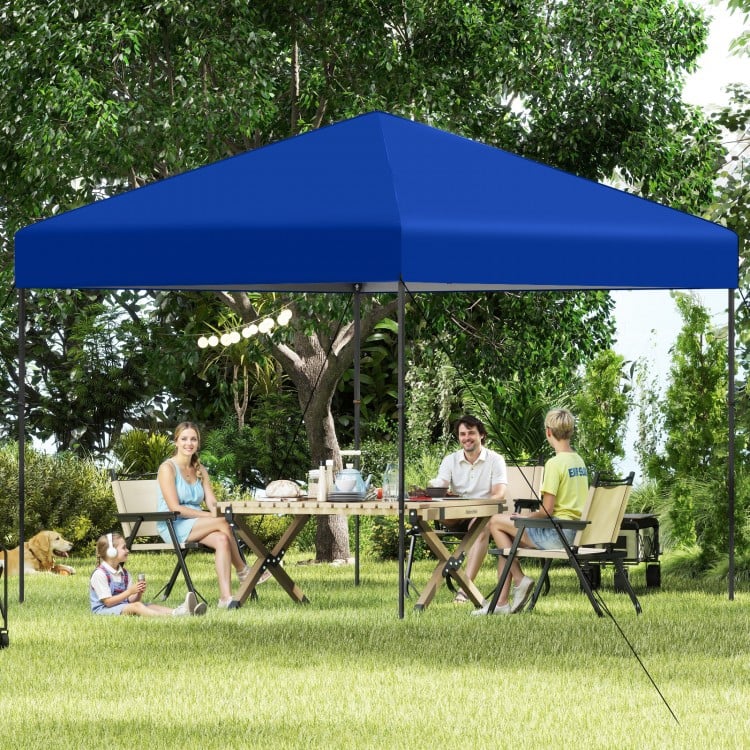 Blue 10 x 10 feet pop-up canopy tent set up for outdoor dining, featuring sturdy frame and portable carrying bag.
