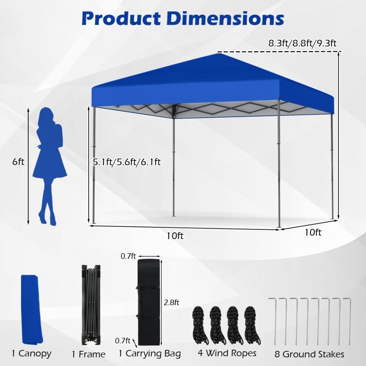 Blue 10 x 10 feet pop-up canopy tent with portable bag, adjustable height, and sturdy stakes for outdoor events.