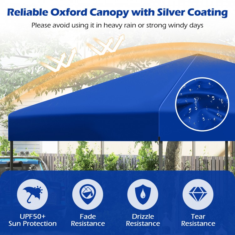 Blue 10 x 10 feet pop-up canopy tent with silver coating, offering UPF50+ sun protection for outdoor events.