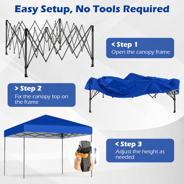 Pop-up canopy tent setup steps showing frame opening, canopy attachment, and height adjustment for outdoor use.