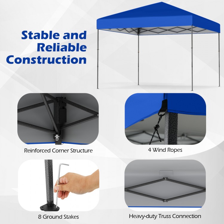 Blue 10 x 10 feet pop-up canopy tent with reinforced corners, wind ropes, and sturdy truss connections for outdoor.