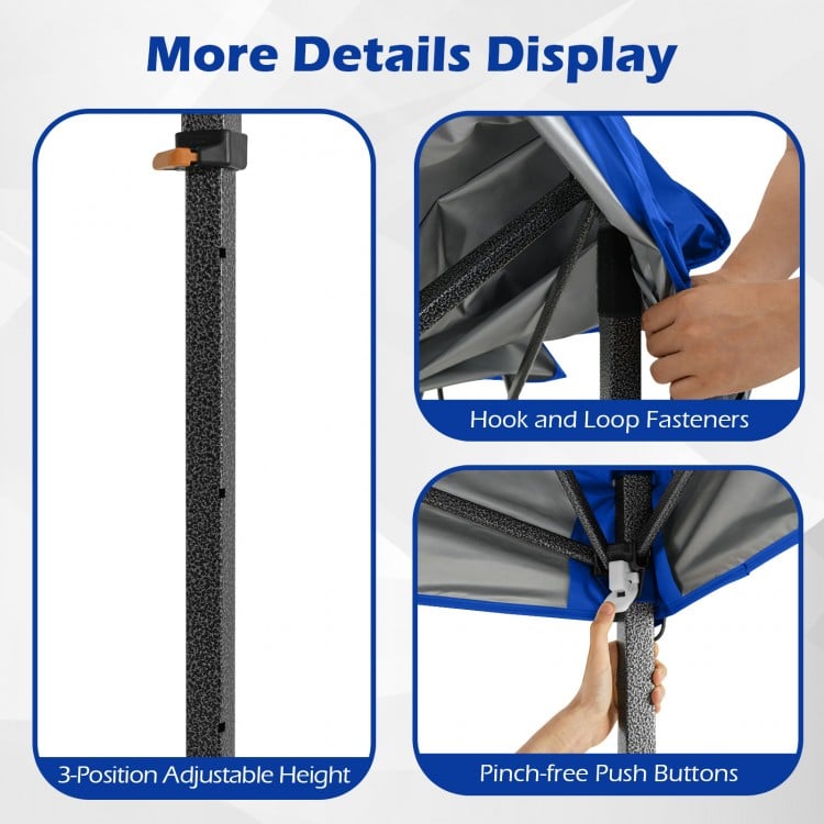Close-up of the 3-position adjustable height feature and pinch-free push buttons on a blue pop-up canopy tent.