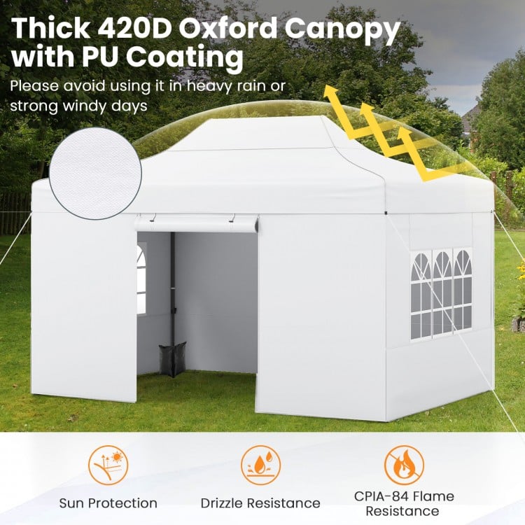 10x14 FT white pop-up canopy tent with PU coating, ideal for outdoor events, featuring zippered sidewalls and sun.