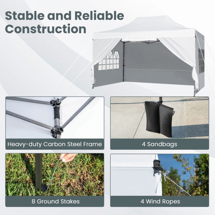 10x14 ft pop-up canopy tent with heavy-duty carbon steel frame, 4 sandbags, and 8 ground stakes for outdoor stability.