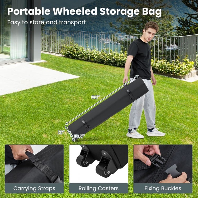 Wheeled storage bag for 10x14 ft pop-up canopy tent, featuring rolling casters and carrying straps for easy transport.