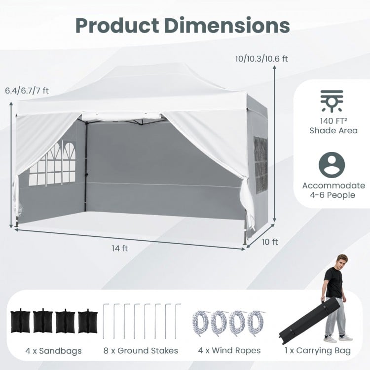 Pop up 10 x 14 ft canopy tent in white, featuring zippered sidewalls and UPF50+ sun protection for outdoor events.