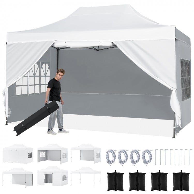 Pop up canopy tent with adjustable height and 140 sq.ft shade area, perfect for BBQs and outdoor gatherings.