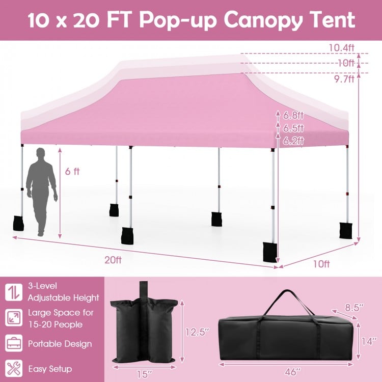 10 x 20 FT pink pop-up canopy tent with adjustable height, ideal for outdoor events, includes carry bag for easy.