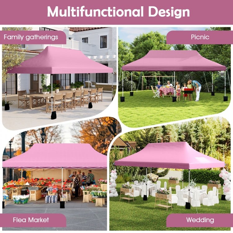 Pink 10 x 20 ft pop-up canopy tent with adjustable height, ideal for outdoor events like weddings and picnics.
