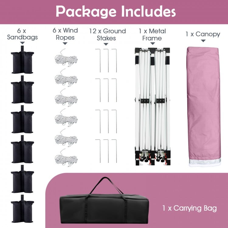 Pop-up canopy tent package includes a metal frame, carrying bag, sandbags, wind ropes, and stakes for outdoor events.