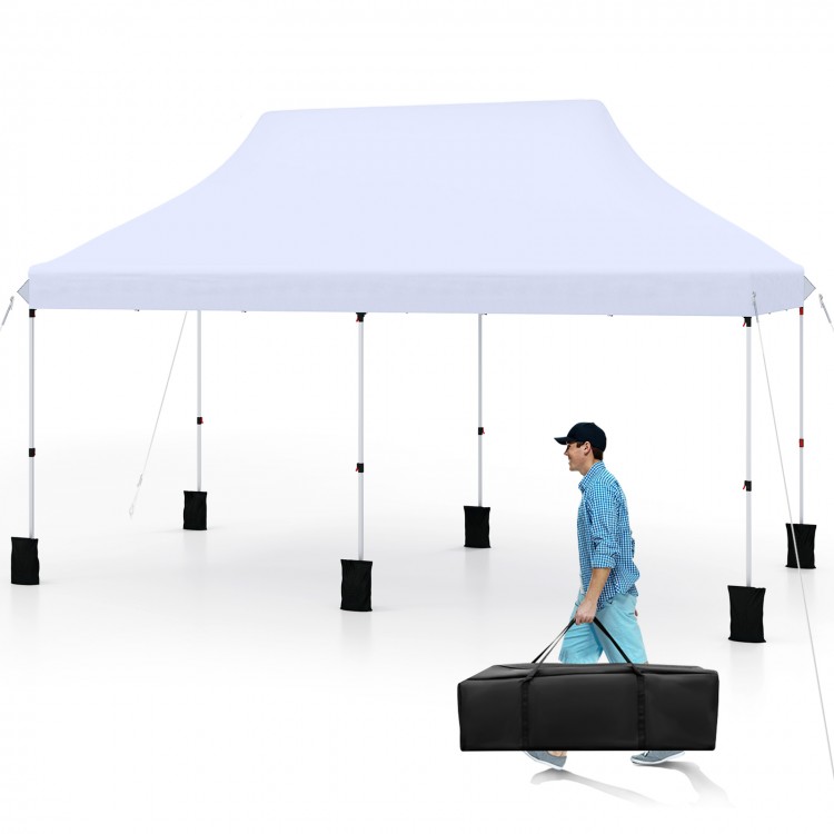 Pop-up canopy tent in white, 10 x 20 ft, portable design with carry bag, ideal for outdoor events and gatherings.