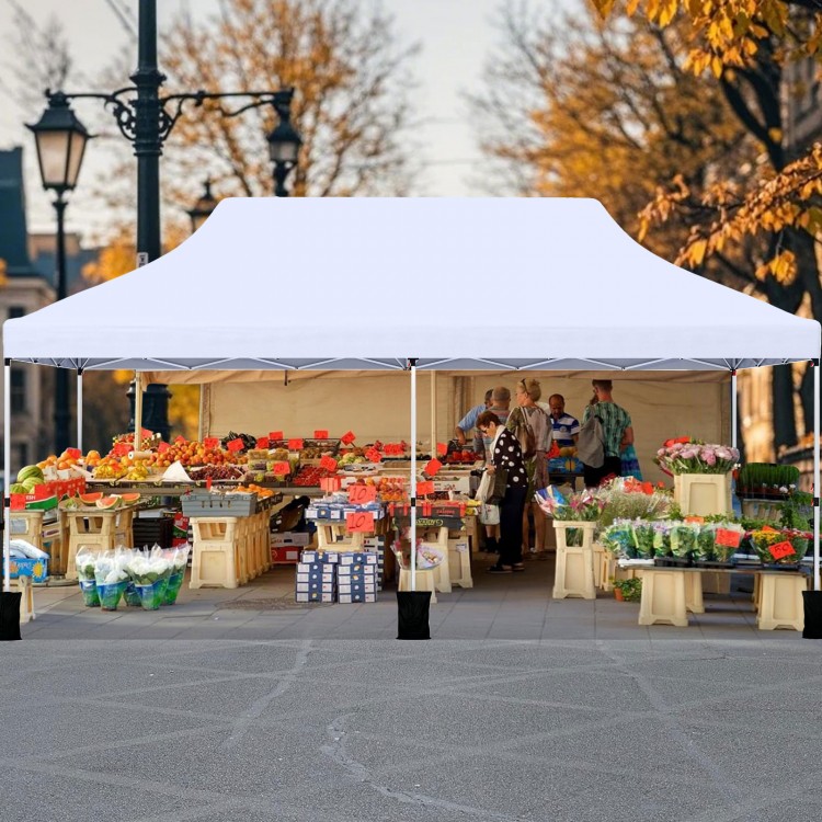 Pop-up canopy tent in white, 10x20 ft, ideal for outdoor events, featuring water-resistant fabric and adjustable height.
