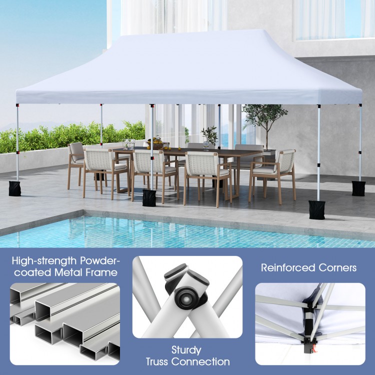 Pop-up canopy tent with a white oxford fabric top and sturdy metal frame, perfect for outdoor events and gatherings.