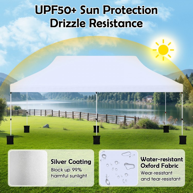 10x20 FT pop-up canopy tent in white with water-resistant fabric, ideal for outdoor events and sun protection.