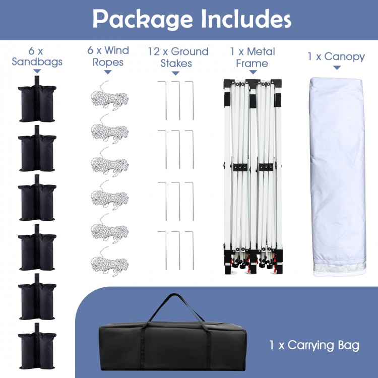 Includes 6 sandbags, 12 ground stakes, and a metal frame for the 10x20 FT pop-up canopy tent, ideal for outdoor events.