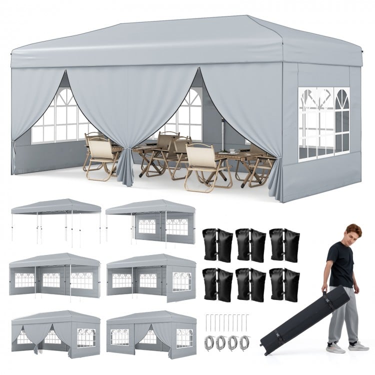 Gray 10 x 20 feet pop-up canopy tent with 6 detachable sidewalls, ideal for outdoor events and gatherings.