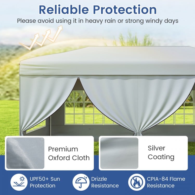 Gray 10 x 20 feet pop-up canopy tent with 6 sidewalls, made of premium Oxford cloth for sun and drizzle protection.