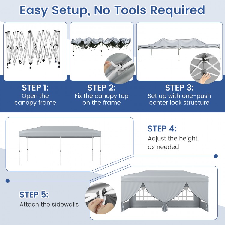 Pop-up canopy tent with gray Oxford cloth, featuring 6 detachable sidewalls for versatile outdoor use.