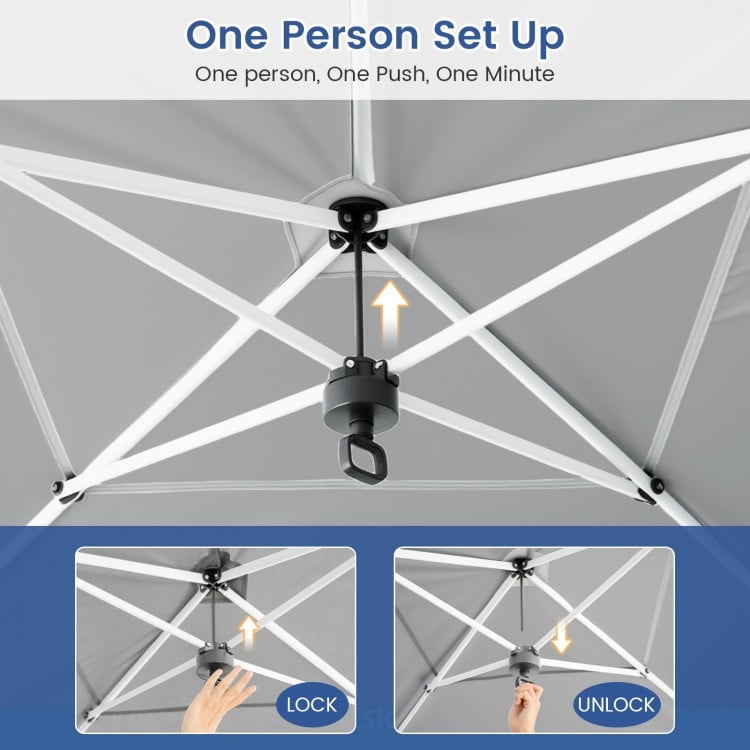 Close-up of the one-hand center lock system for the 10 x 20 feet pop-up canopy tent in gray, enabling effortless setup.
