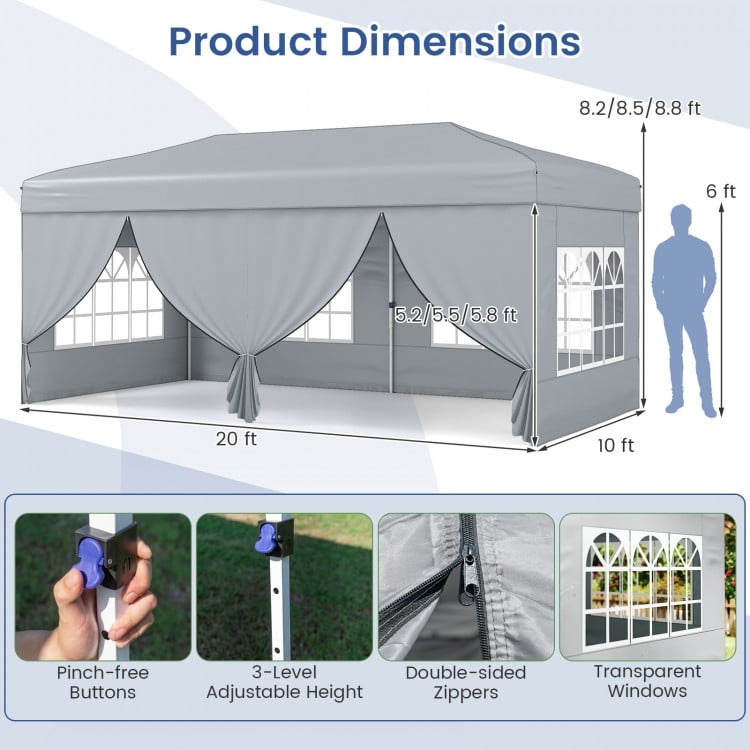 Dimensions of the 10 x 20 feet gray pop-up canopy tent with 6 sidewalls, showcasing adjustable height and zippered.