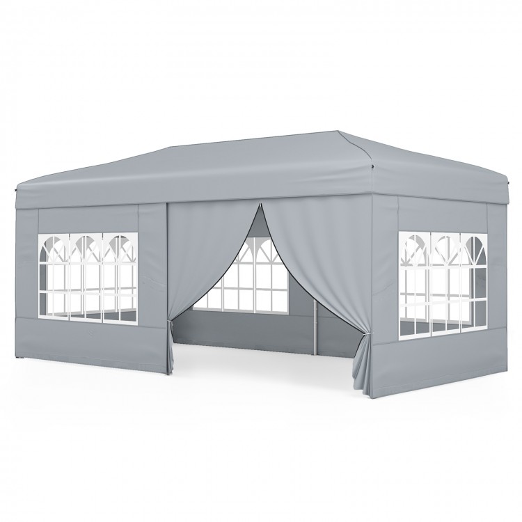 Gray pop-up canopy tent featuring 6 sidewalls, showcasing its spacious 10 x 20 feet area for large outdoor gatherings.