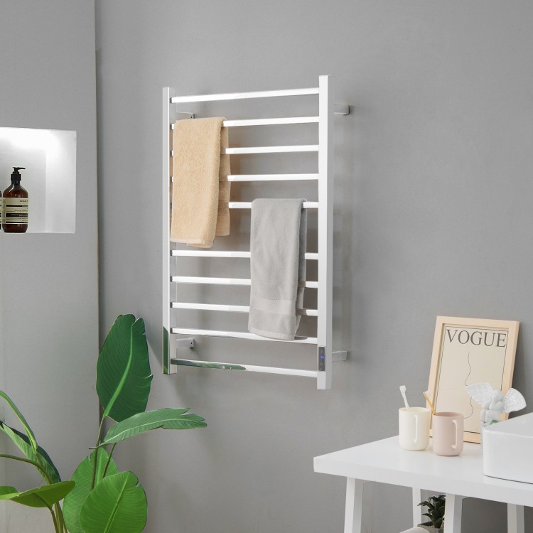 10-bar electric stainless steel towel warmer mounted on the wall, featuring a polished finish for efficient towel.