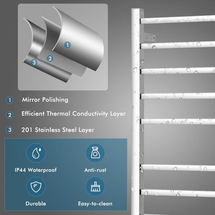 Close-up of the 10-bar electric towel warmer in mirror polished 201 stainless steel, showcasing its durable and.