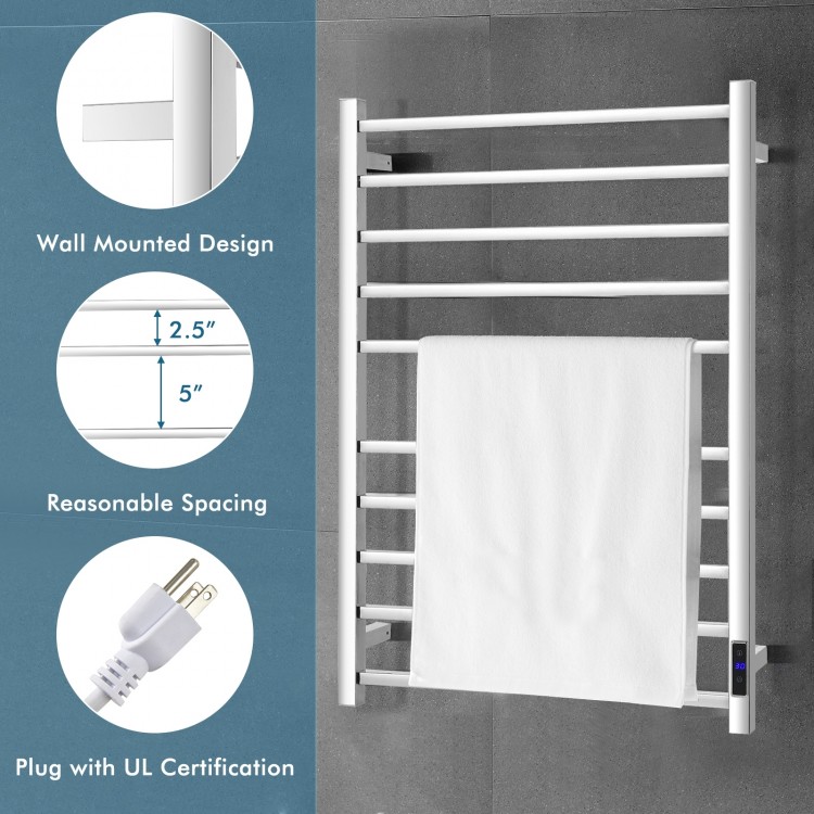 10-bar electric towel warmer in polished stainless steel, wall-mounted design with waterproof switch for easy access.