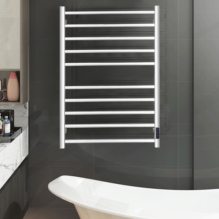 10-bar electric stainless steel towel warmer with a mirror polished finish, wall-mounted for efficient towel drying.