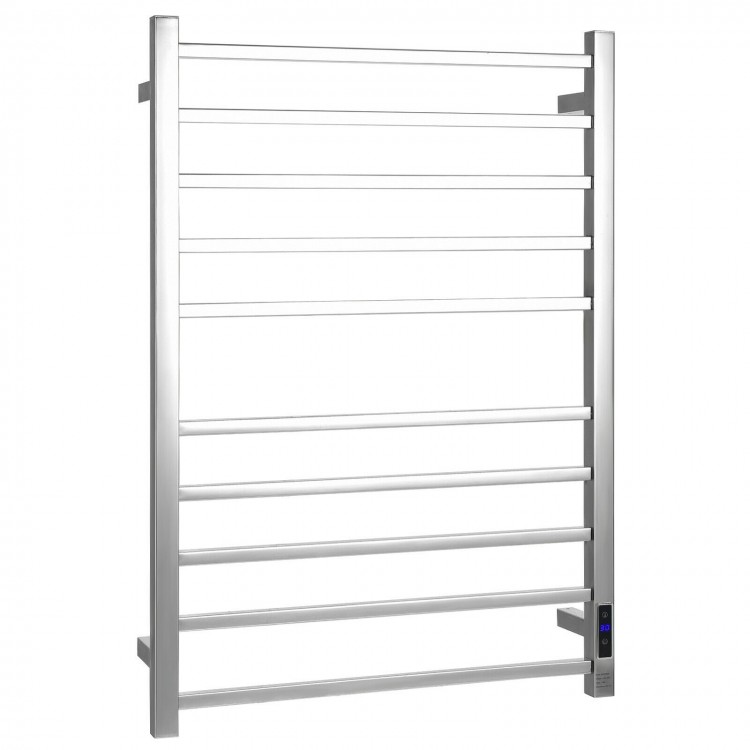 10-bar electric towel warmer in polished stainless steel, wall-mounted design for efficient drying in bathrooms.