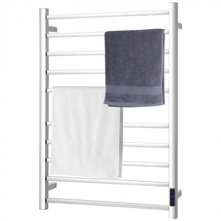 10-bar electric stainless steel towel warmer with white and gray towels, wall-mounted for efficient drying in bathrooms.