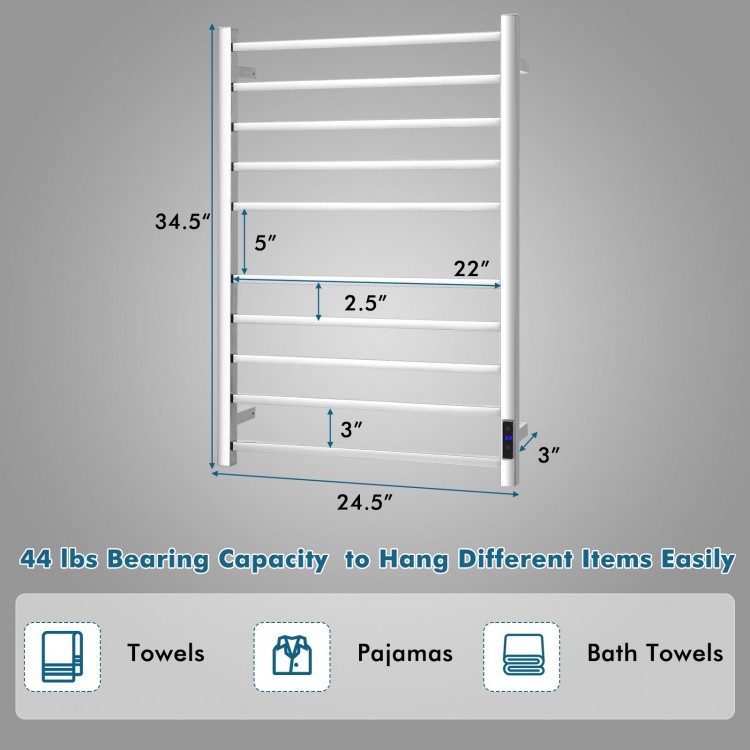 10-bar electric towel warmer in polished stainless steel, wall-mounted design for efficient drying of towels and.