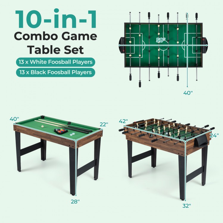 10-in-1 Combo Game Table Set featuring a foosball table with 13 black and 13 white players, ideal for family.