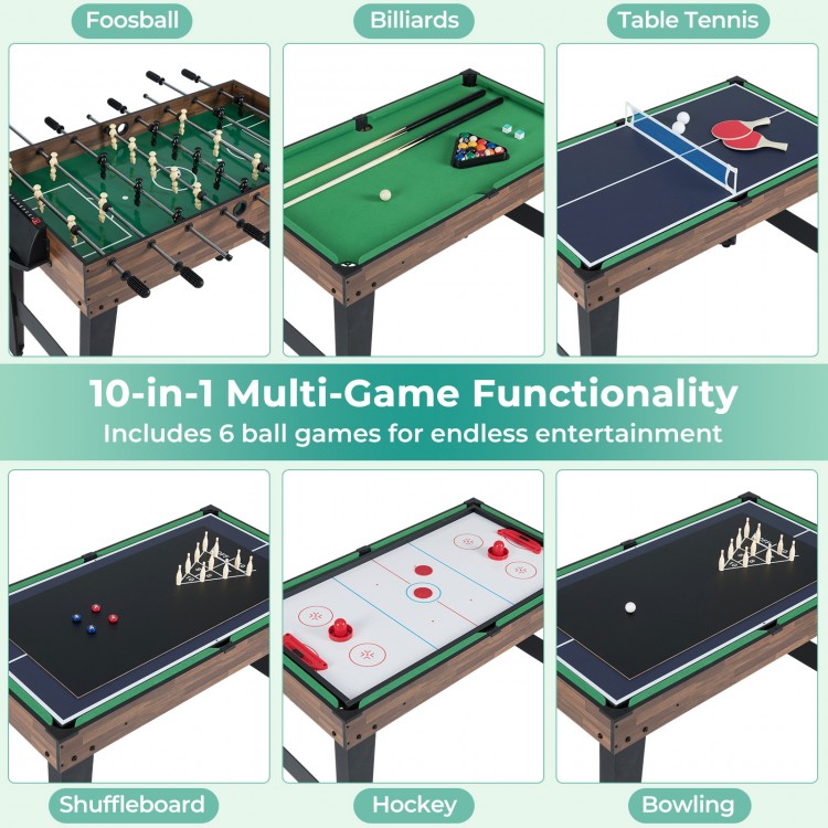 10-in-1 combo game table set featuring foosball, billiards, and table tennis for versatile entertainment in brown.