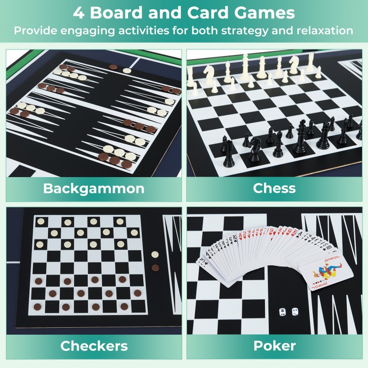 10-in-1 game table featuring chess, checkers, backgammon, and poker for versatile entertainment and compact storage.