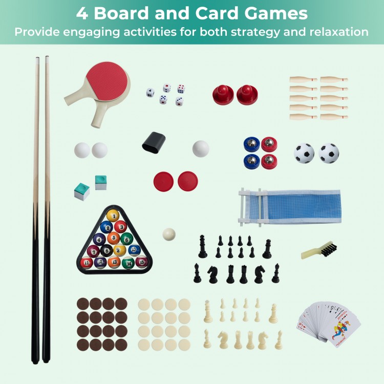 10-in-1 game table set featuring board and card games, including chess and poker, ideal for family entertainment.