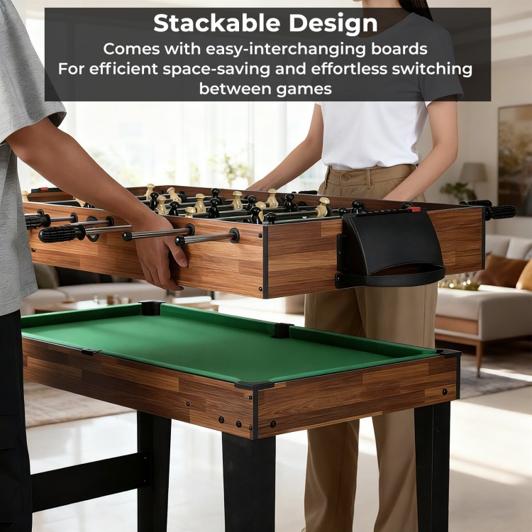 10-in-1 combo game table with stackable design, featuring interchangeable boards for space-saving entertainment.