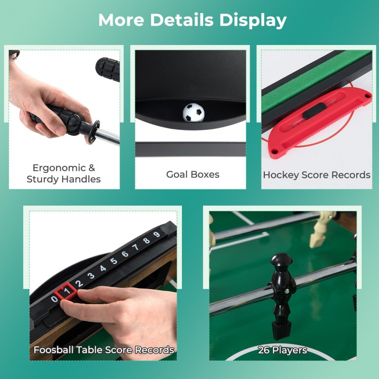 Detail view of the 10-in-1 Combo Game Table showing ergonomic handles, goal boxes, and foosball score records for.