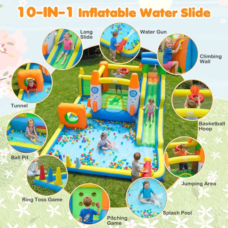 10-in-1 inflatable bounce house features a long slide, climbing wall, and splash pool for kids' outdoor fun.