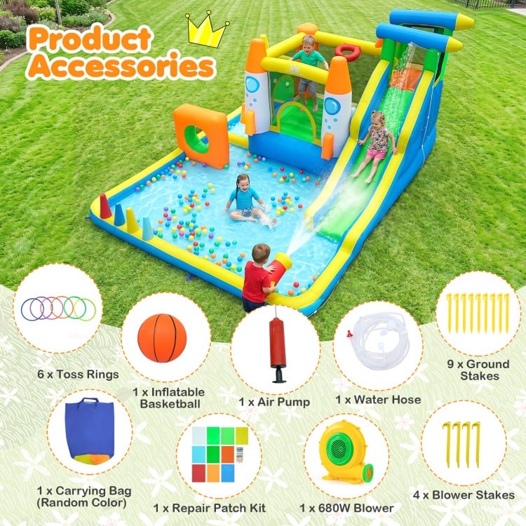 10-in-1 inflatable bounce house with water slide, climbing wall, and splash pool for outdoor summer fun.