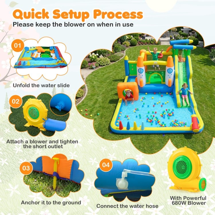 Inflatable bounce house with water slide, basketball hoop, and 680W blower for outdoor fun and active play.