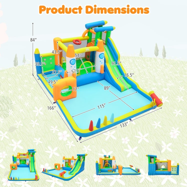 10-in-1 inflatable bounce house features a water slide, climbing wall, and splash pool for outdoor summer fun.