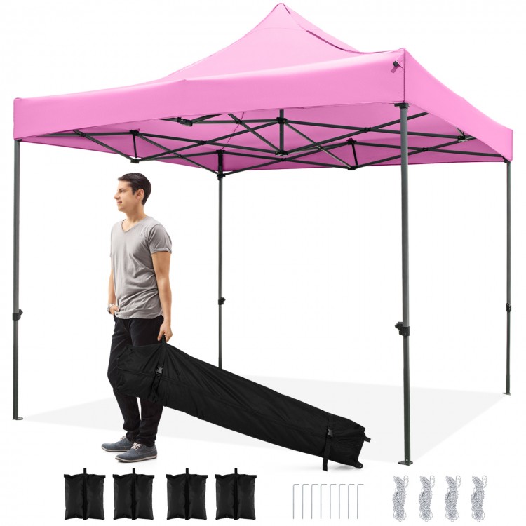 Pink 10 x 10 FT outdoor pop-up canopy tent with wheeled bag, ideal for parties and events, featuring sturdy metal.