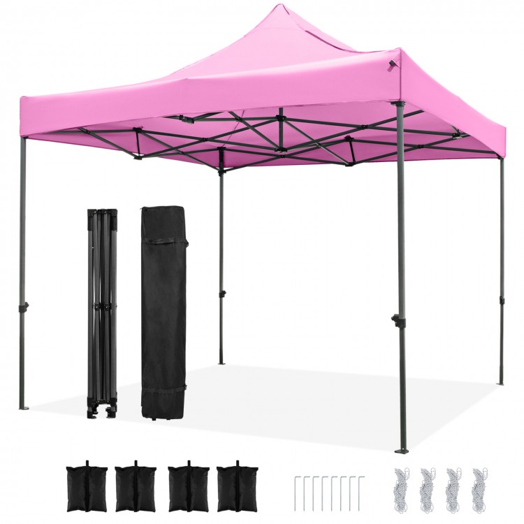 Pink 10 x 10 FT outdoor pop-up canopy tent with wheeled bag, sturdy metal frame, and water-resistant fabric for events.