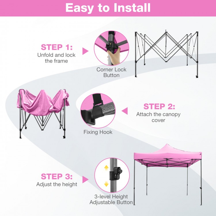 Step-by-step installation guide for the 10 x 10 FT pink outdoor pop-up canopy tent with adjustable height features.