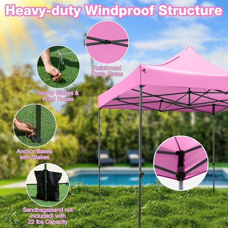 Pink 10 x 10 FT outdoor pop-up canopy tent with heavy-duty structure, sturdy stakes, and windproof features for events.