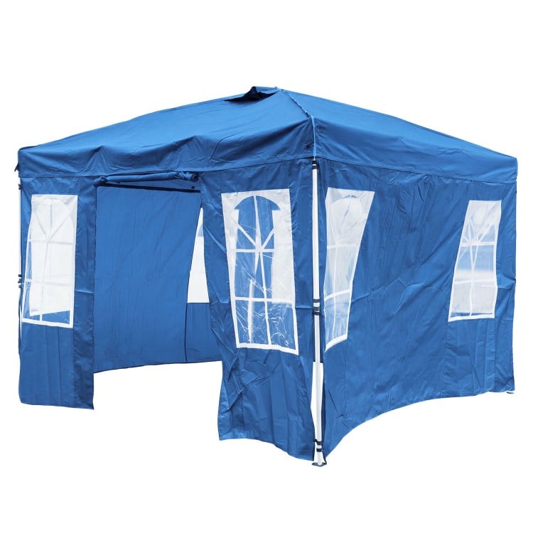 Blue 10 x 10 FT pop-up canopy tent with adjustable height, waterproof fabric, and removable sidewalls for outdoor events.