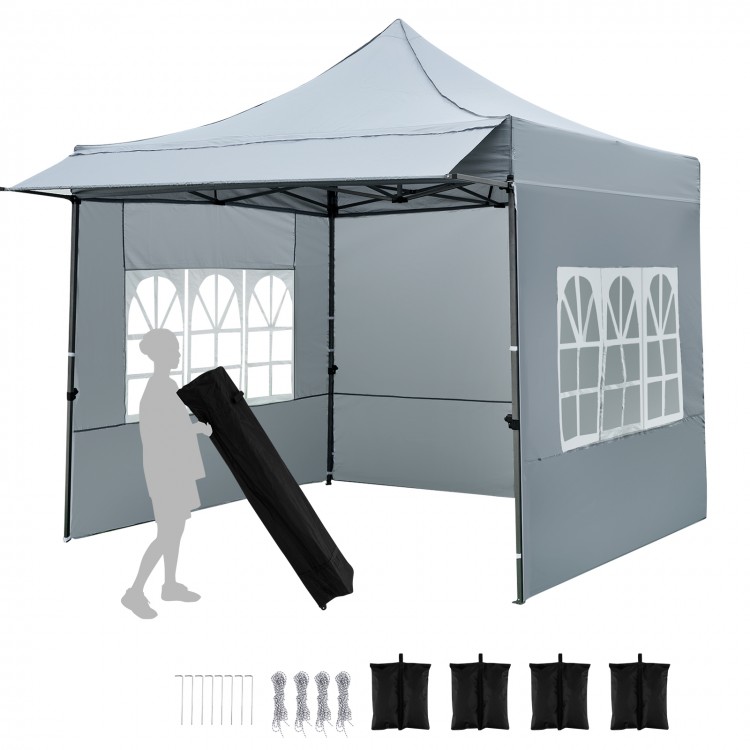 Pop up canopy tent with sidewalls and awning, gray, ideal for parties and picnics, featuring detachable components.
