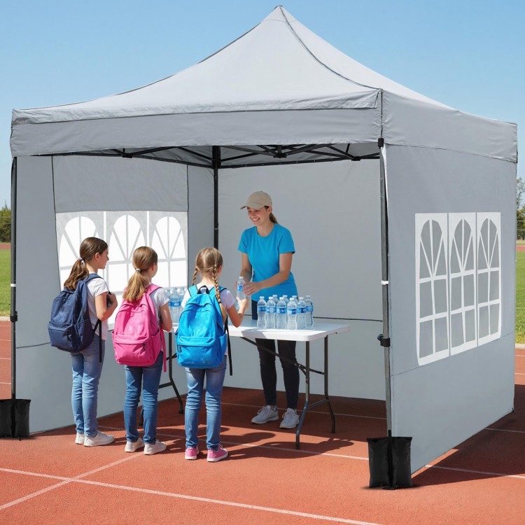 Pop-up canopy tent with sidewalls and awning, gray, ideal for parties and events, featuring detachable walls and sturdy.