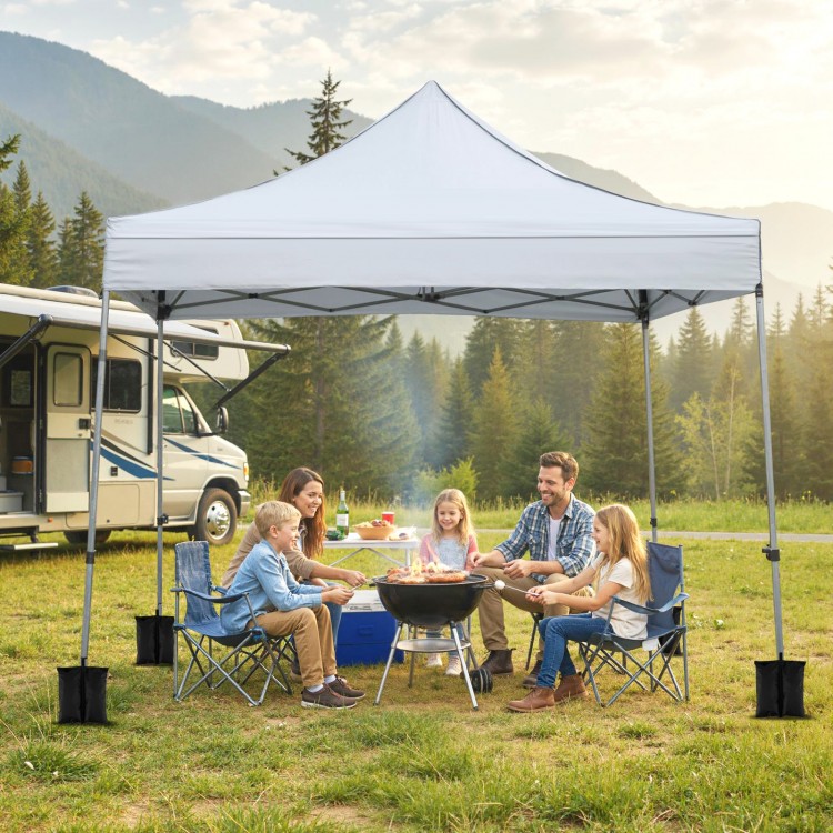 Pop up canopy tent with sidewalls and awning, perfect for outdoor parties and picnics, featuring sturdy metal structure.